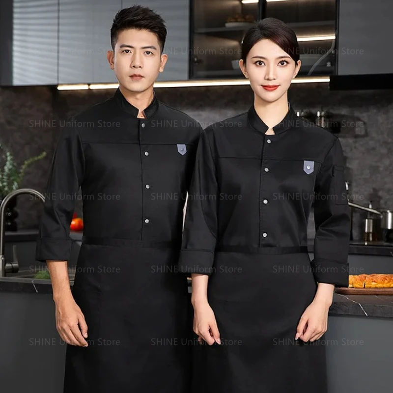 Hotel chef jacket with apron Long Sleeve Cook Coat Chef uniform Restaurant Men Chef T-shirt Waiter Work Uniform customized Logo