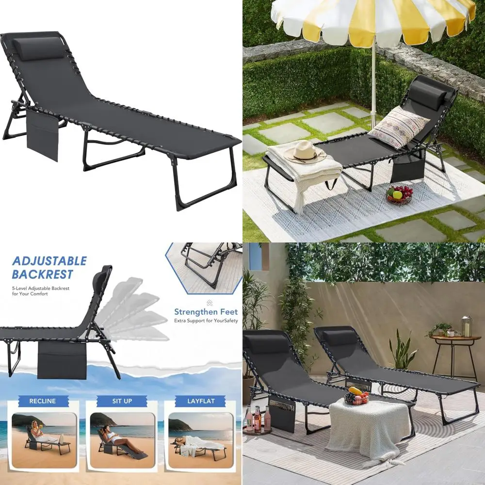 

Регулируемый 5-позиционный складной шезлонг для загара на открытом воздухе, у бассейна и пляжа, с боковым карманом для загара Comfo