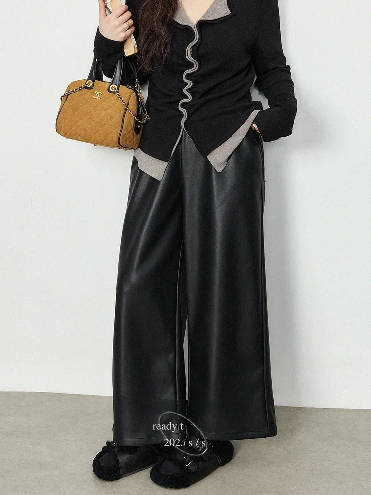 

Женские брюки больших размеров из черной искусственной кожи с широкими штанинами, в стиле ретро, стройнящие, универсальные, с высокой талией, прямого кроя, зимние