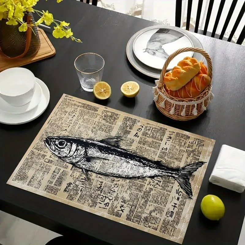 Vintage Japanese Fish Newspaper Printed Placemats,Heat Resistant Table Decor,Seafood Bistro Display,Coastal Home Table Decor