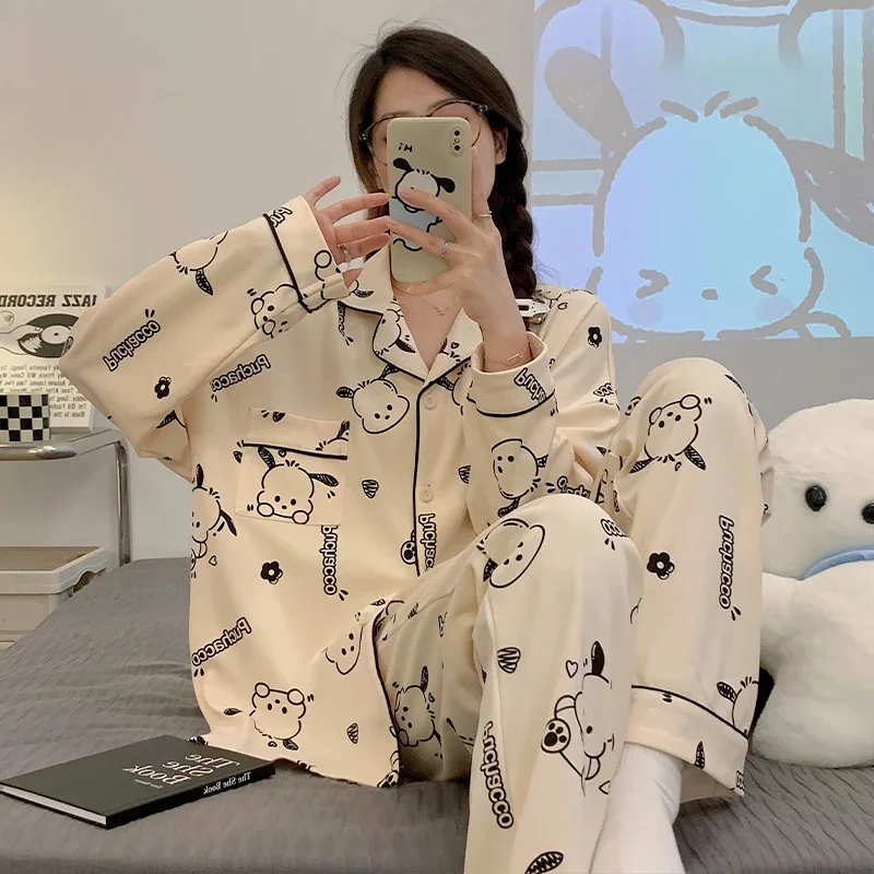 New Sanrio Cartoon Animation Character Pochacco Pajamas Girls Kawaii Fashion Casual Long Sleeves Long Pants Home Clothing Gift