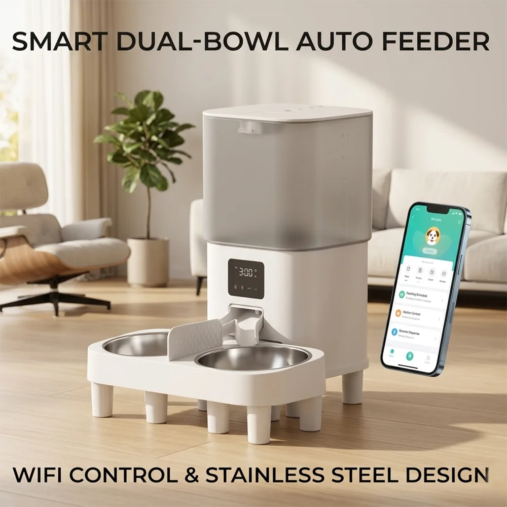 カメラ付きWiFiスマートペットフィーダー、デュアルボウル自 - Automatic Pet Feeder Dual Bowl Stainless のレビューと価格