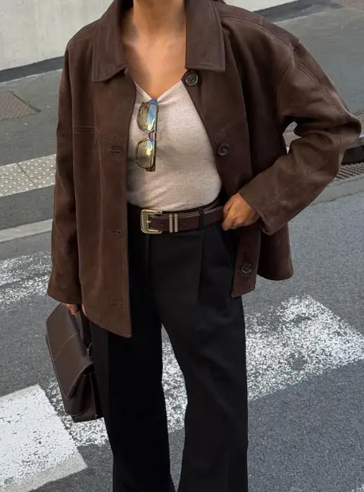 

Autumn Solid Color Lapel Long Sleeved Loose Jacket for Women's Casual High Street Style Single Breasted Long Sleeved Jacket