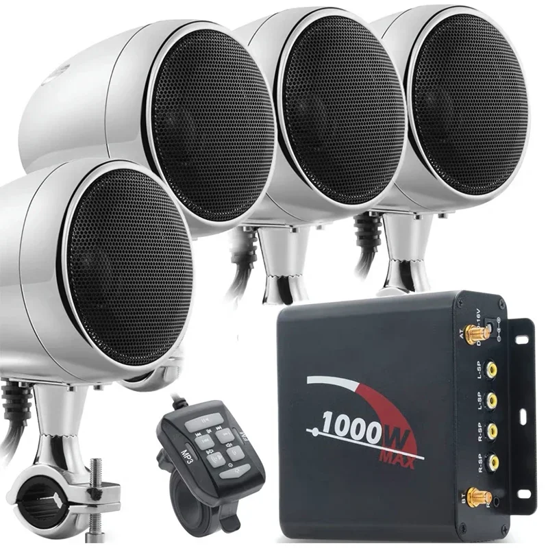 Waterproof M1000 Motorcycle Bluetooth Speakers Stereo Audio System with 1000W 4CH Built-in Amplifier, USB, AUX MP3 Input