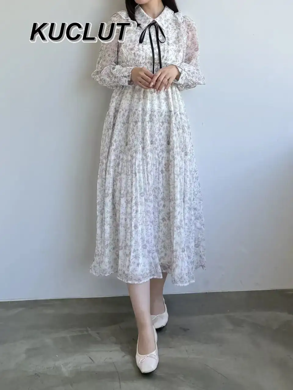 Vintage elegante jurken voor dames 2025, nieuwe Japanse stijl, stropdas, zoete bloemen, geplooide jurk met lange mouwen, lente en herfst