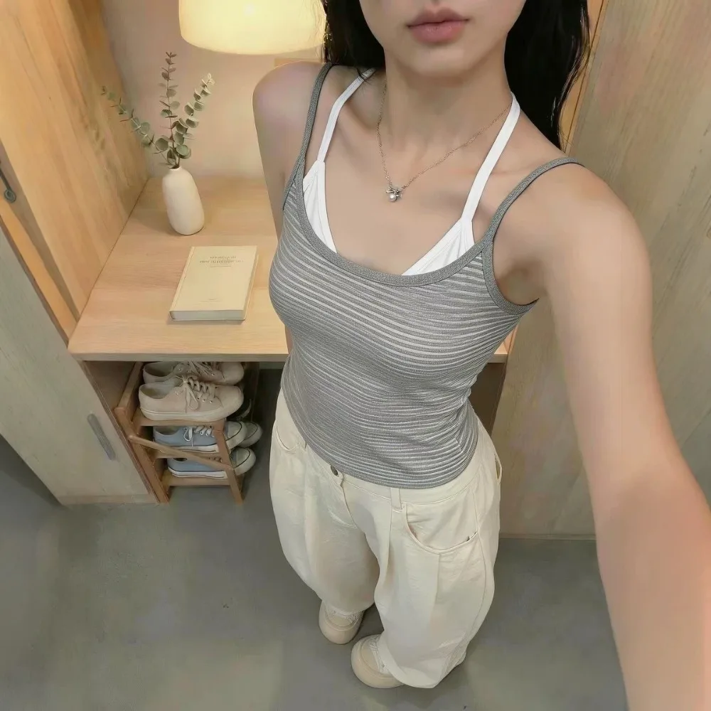 Hot Girl Faux Layered Striped Fashion Padded Cami for Girls Dopamine Color Sexy Backless Tank Top Women's Casual Layering Top