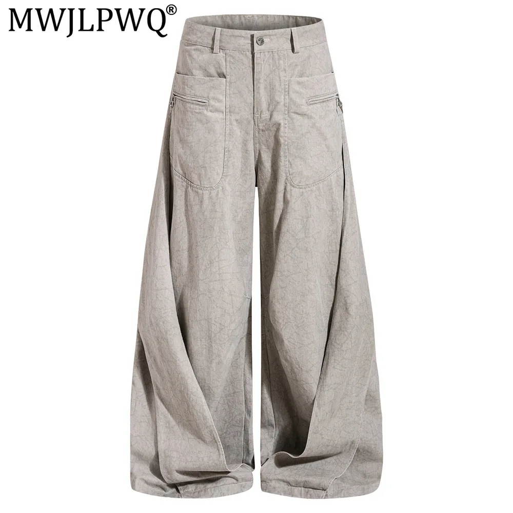 MWJLPWQ Dark Pattern Tie-Dye Pleated Drapey Wide-Leg Pants For Men Vintage Street Style Pocket Design Niche Trousers Chic 20894
