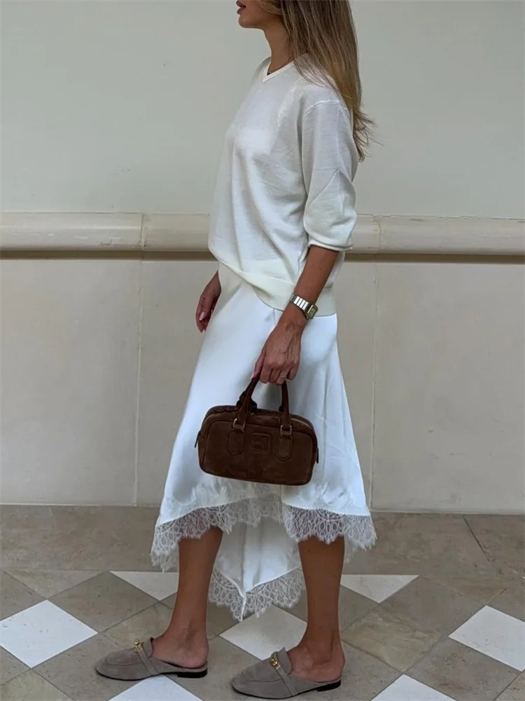 Tossy White Lace Patchwork Long Skirt For Women Slim High Waist Elegant Commute Printed Party Looks Clothes Female Maxi Skirts