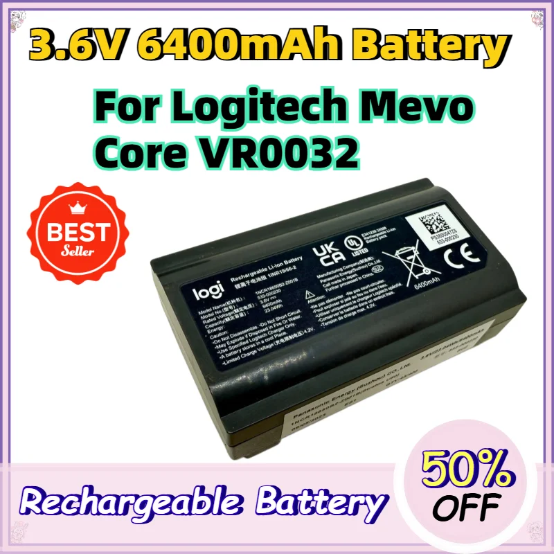 3.6V 6400mAh Battery 533-000230 for Logitech Mevo Core VR0032 Video Camera 23.04Wh Replacement