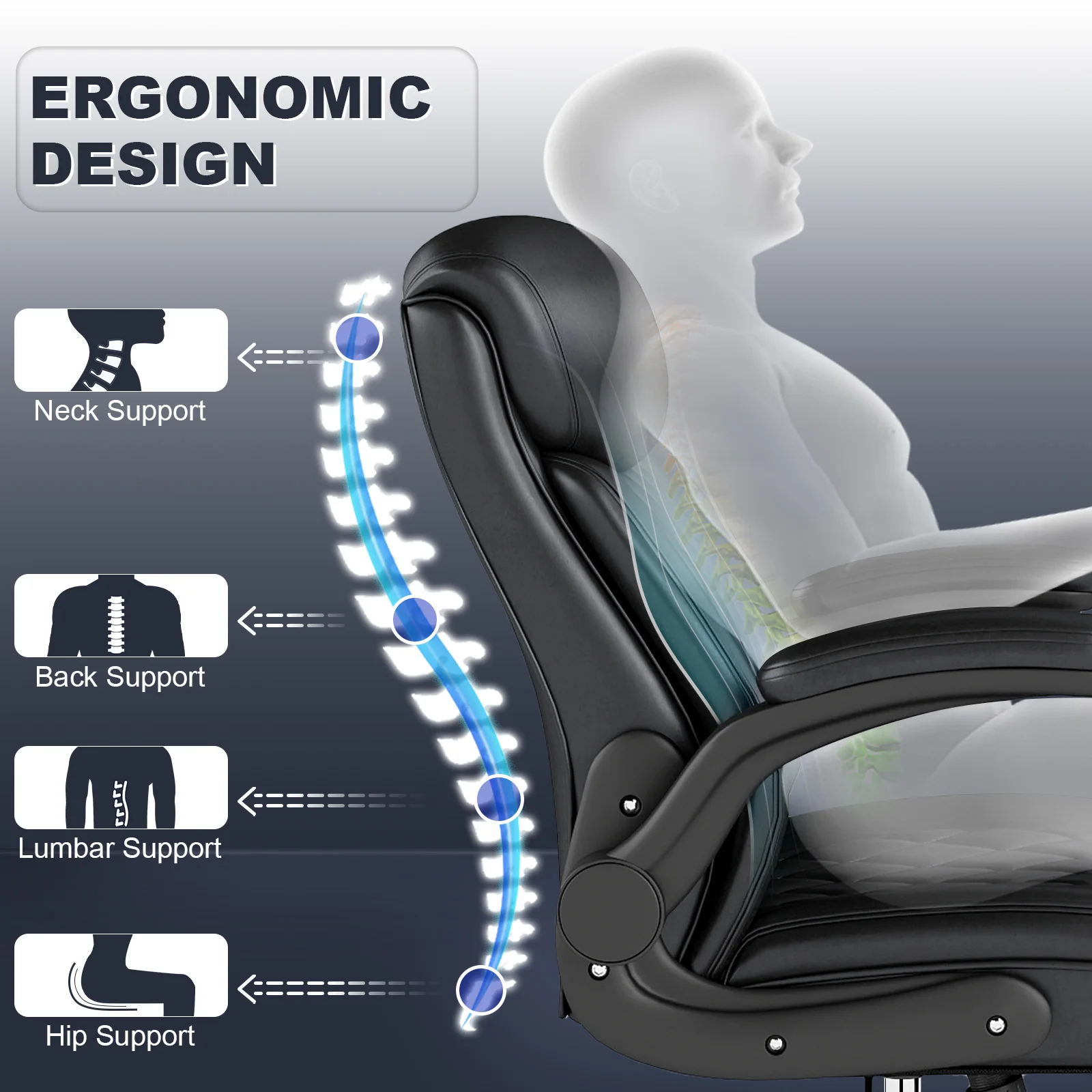 كرسي مكتب تنفيذي متوسط الظهر، جلد PU أسود، مخيط بالألماس، مساند للذراعين قابلة للتعديل، دعم قطني، #3
