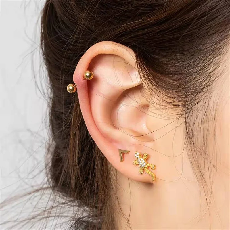 2PCS Stainless Steel Small Ear Stud Earrings for Women Fashion Animal Lizard Gecko Punk Unisex Rock Earrings Piercing Jewelry