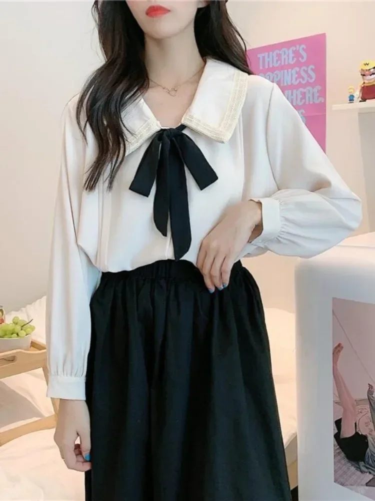 2025 Spring School Student Kawaii Oversized Shirts Women Japanese Harajuku Chiffon Solid Soft Girls Sweet Loose Blouse Top