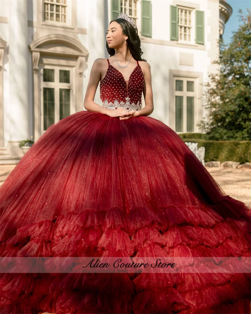 Wine Red Ball Gown Quinceanera Dress For Birthday Party Gowns Bead Diamonds Tiered Ruffle Mexico Robe Court Train Customized 