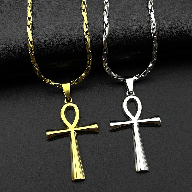 الصليب المصري عنخ مفتاح الحياة قلادة قلادة الفولاذ المقاوم للصدأ الذهب اللون تميمة سلسلة الدينية القلائد مجوهرات هدية #1