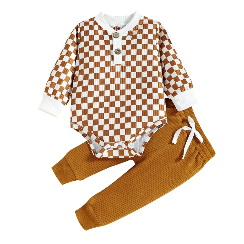 2 Pieces Baby Suit Set Checkerboard Print Long Sleeve Romper with Buttons Tie-Up Long Pants 0-24 Months