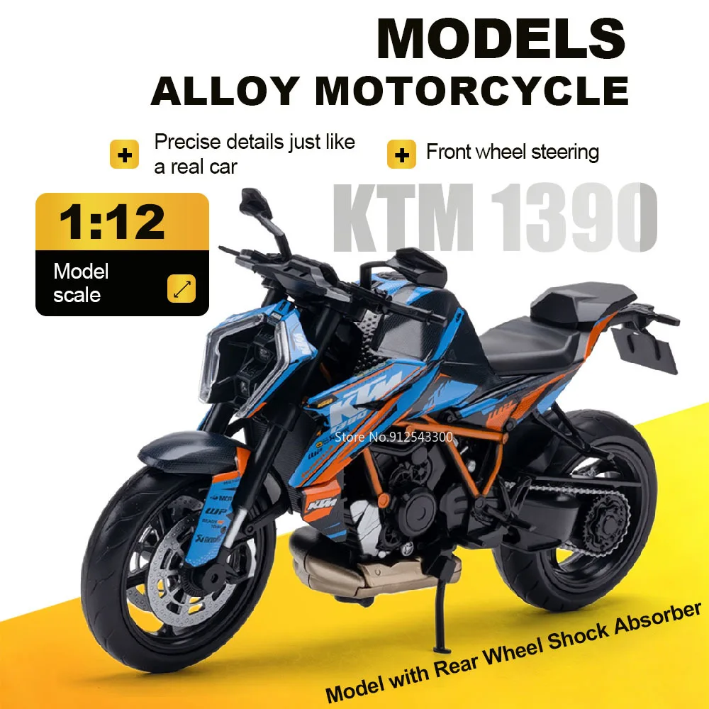 

Модель мотоцикла KTM 1390 RC390 в масштабе 1:12, игрушка с рулевым управлением и амортизаторами, модели мотоциклов для детских подарков