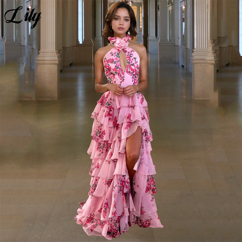 

Лили Розовый فساتين السهرة Вечерние платья с бретелькой на шее и цветочным узором с принтом и оборками по бокам, платье для выпускного вечера по индивидуальному заказу