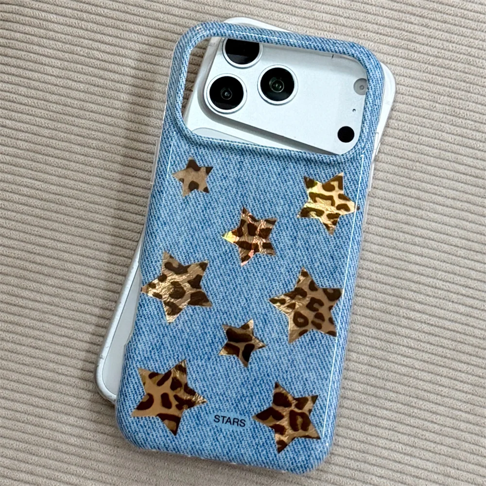 Korean Glitter Cute stars Phone Case For iPhone 17 Pro 16 15 Pro Max Cover with denim Shockproof Kawaii Cases 15 16 17Pro Funda