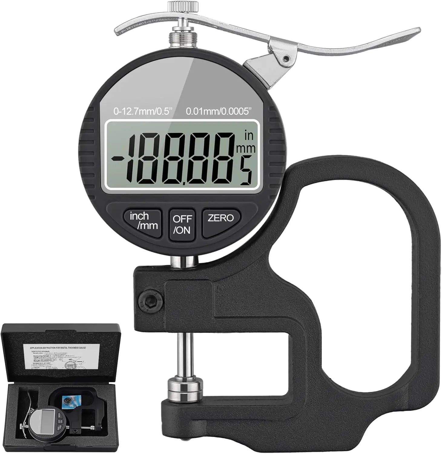 

Neoteck Digital Thickness Gauge 0.5 inch/12.7mm, 0.0005"/0.01mm, Thickness Meter Precise Electronic Micrometer with LCD Display