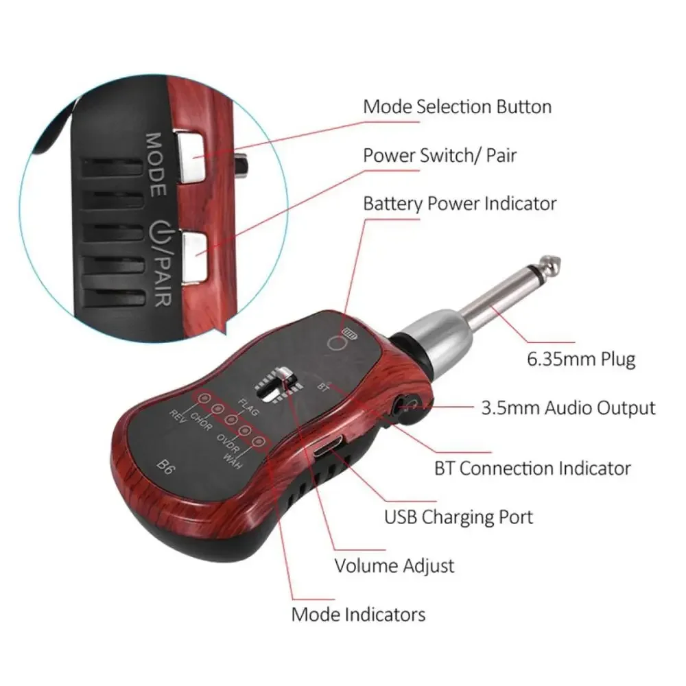 Guitar Effects Portable Bluetooth 5 In 1 Transmitter Guitar Effector For Electric REV-CHOR-FLAG-OVDR-WAH Cycle Switching
