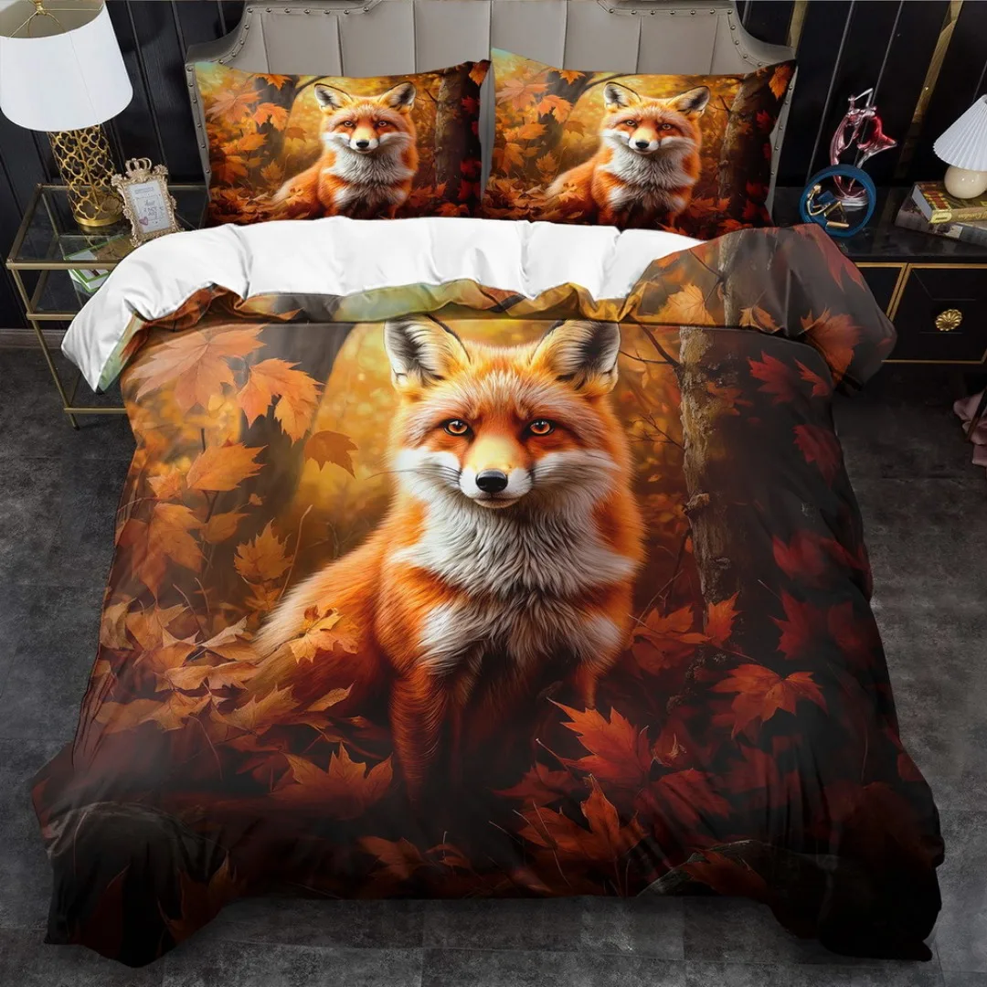 3pcs Enchanting Fox 3D Printed Bedding Set Cozy Comfortable Duvet Cover King Queen Twin Size Birthday Gift Bedroom Decoration