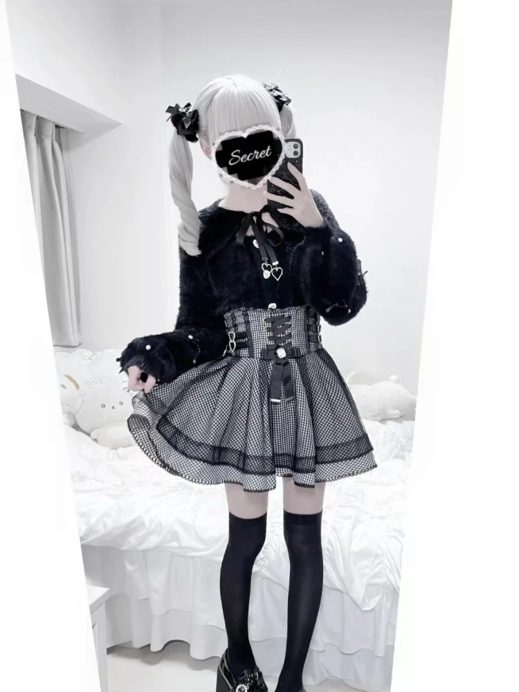 Осенний новый японский комплект из 2 предметов Darkly, женский дизайн, готические милые кружевные футболки с длинными рукавами, модная ретро клетчатая короткая юбка с бантом