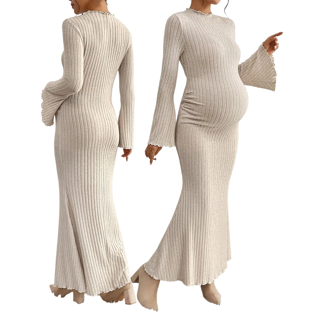 Elegant Maternity Outfit Dresses Autumn Winter Knit Dress Long Mermaid Style with Ruffle Trim Flared Sleeves for Pregnant Women