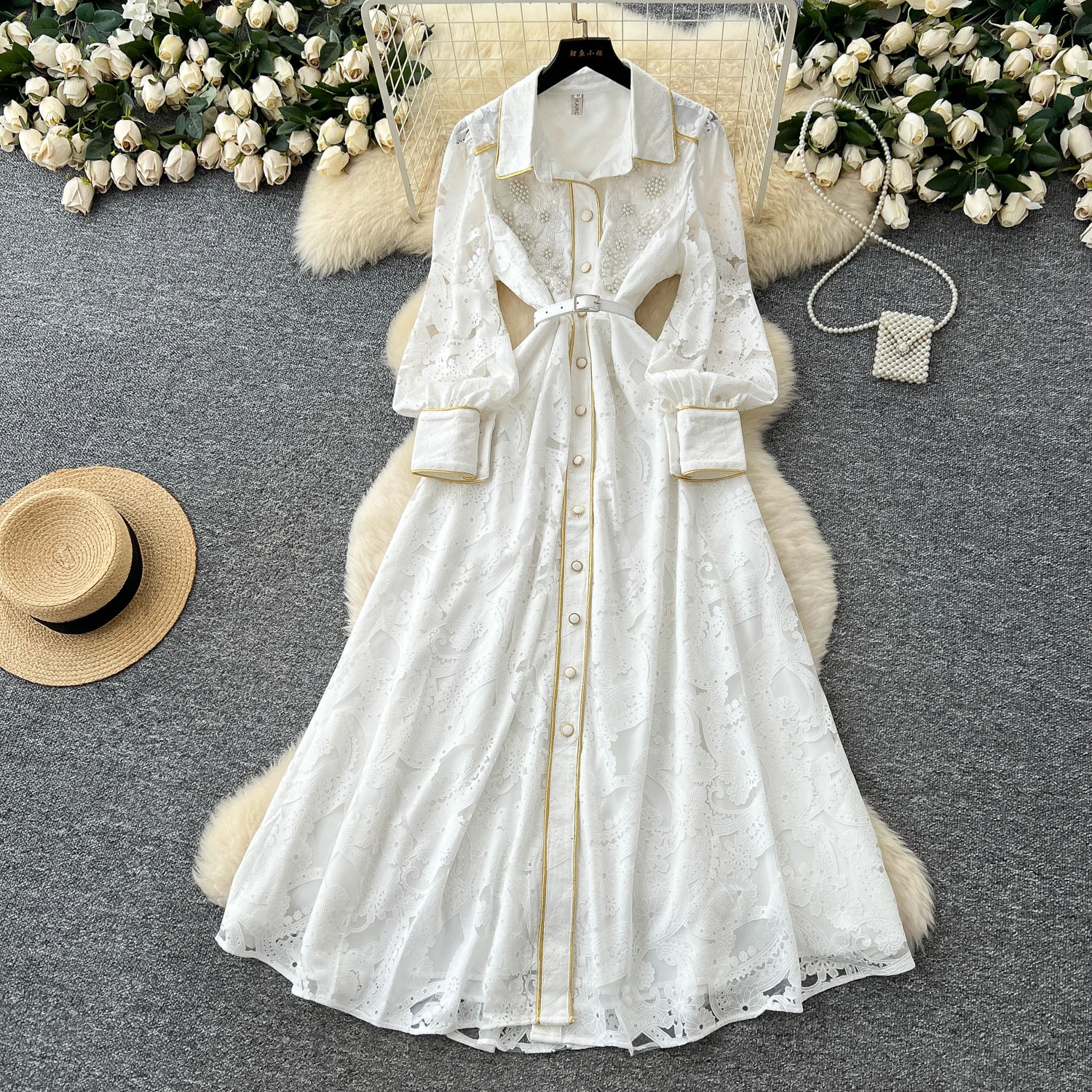 

French Light Luxury High-end Lantern Sleeves Print Dress Women's Autumn Suit Collar Single-breasted Design Long Evening Dress