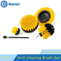 5 Pcs Yellow Drill Brush Attachment Set with Extend for Car Detailing Bathroom Surfaces Kitchen Shower Car Wheels Seats Tile,