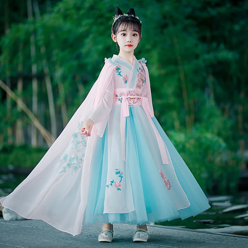 Children's Summer New Super Fairy Hanfu Chinese Style Kirt Long-sleeved Gauze Skirt Ancient Costume Little Flower Girl Dress