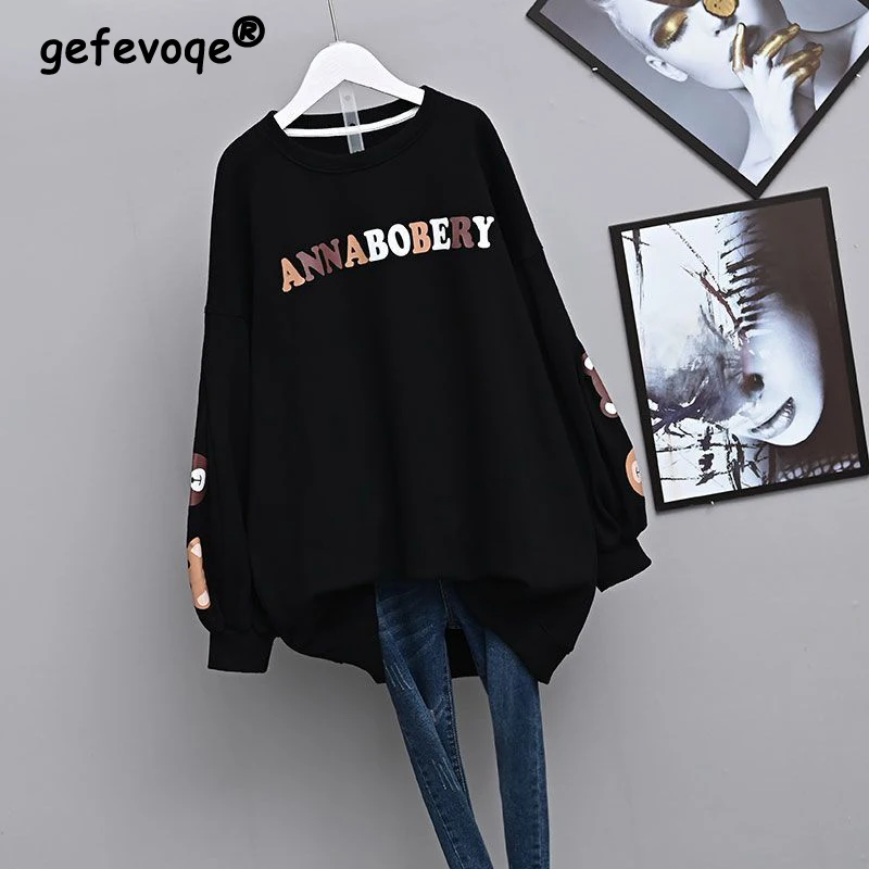 Lettere stampa Patchwork oversize Streetwear Hip Hop donna felpa Casual manica lunga Pullover Top abbigliamento 2023 4XL