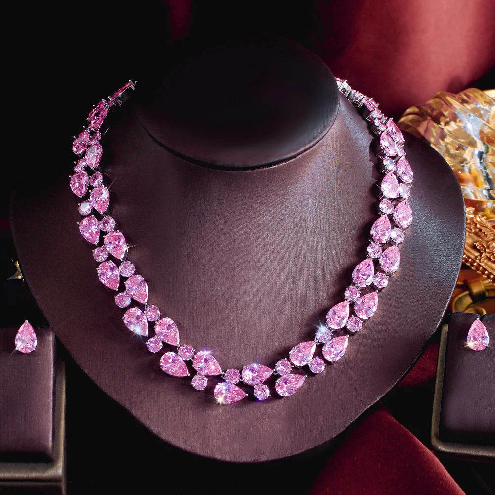 ThreeGraces Elegant Brilliant Pink Water Drop Cubic Zirconia Mona Lisa Bridal Wedding Evening Party Jewelry Set for Women T1105