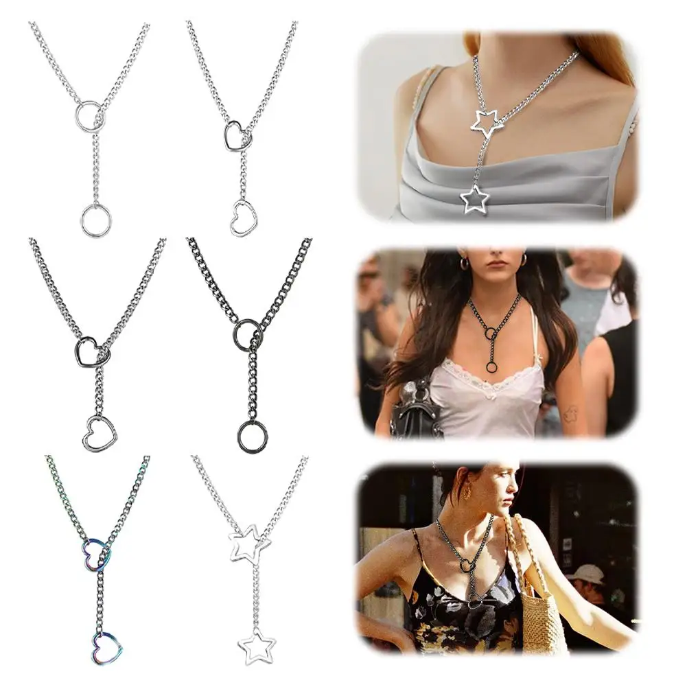 New Womens Heart O Slip Chain Necklace Punk Rock Stainless Lariat Adjustable Long Y-Necklace Steel Cuban Jewelry Necklace L1S4