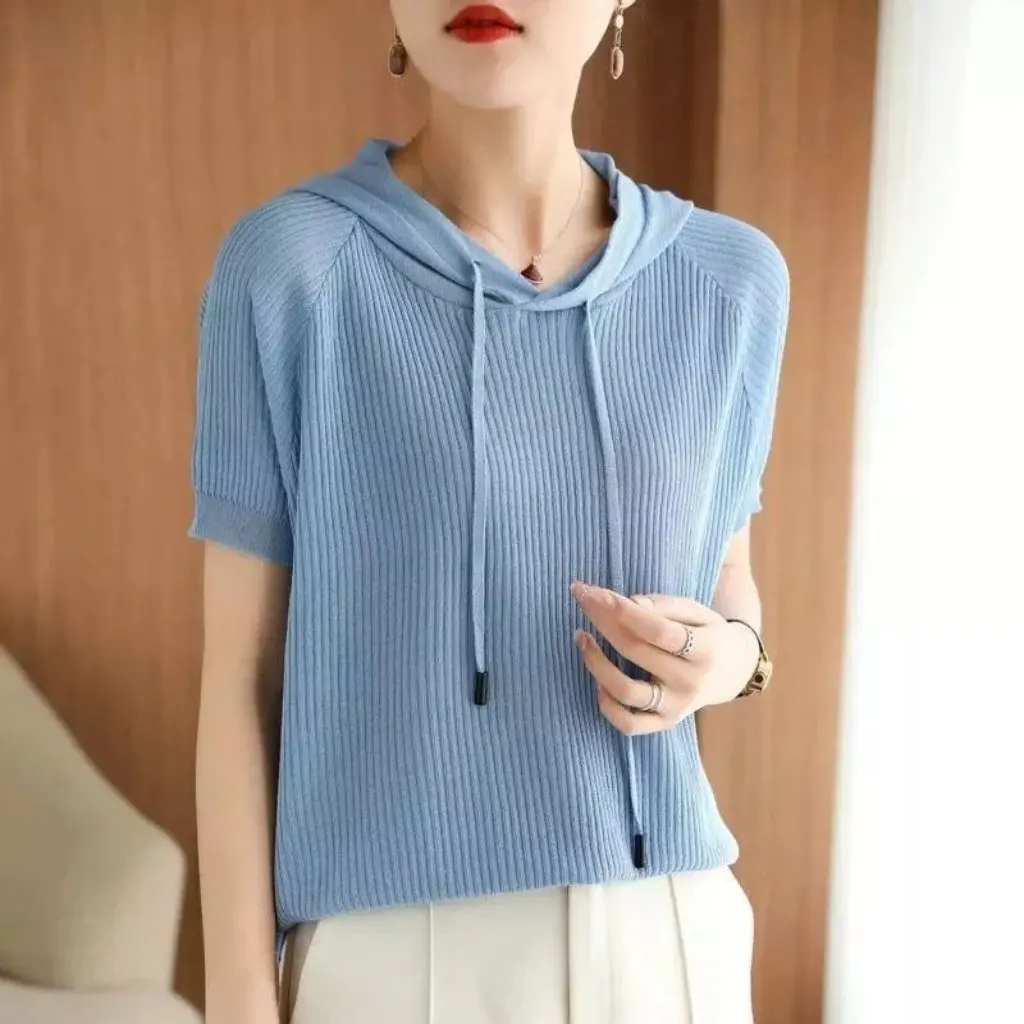

Women's Summer Style Loose plus Size Hoodie Ice Silk Thin Pullover Knitted Base Short Top Outer Wearing Summer New