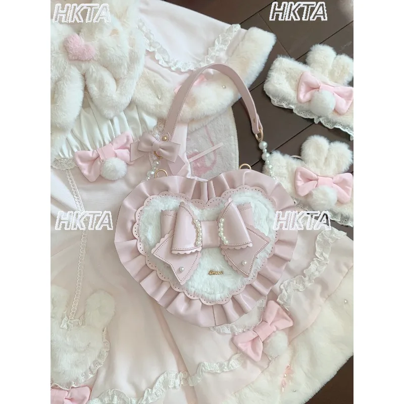 

Модная сумка в форме сердца с бантом, пушистая, милая, в стиле Лолита, оригинальная сумка-тоут, женская сумка через плечо, рюкзак из искусственной кожи