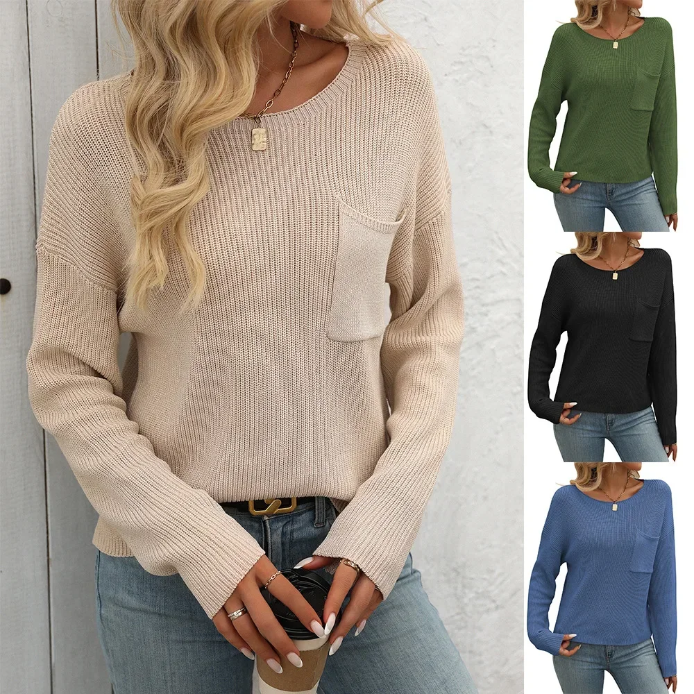 

Поп-220, женский свитер, весна-осень, новые женские вязаные топы с круглым вырезом, пуловеры, женские повседневные свободные трикотажные изделия с карманами и длинными рукавами