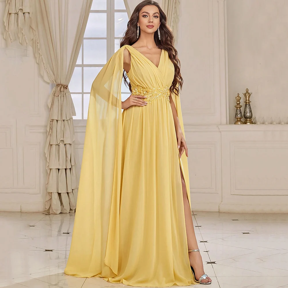 

Elegant Chiffon Party Gowns V-Neck with Pleat and Applique A-Line Floor Length Cape Long Sleeves Sexy Side Slit Party Gowns