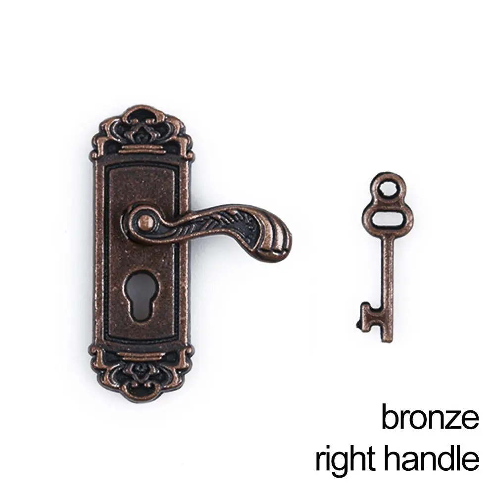 1/12 Scale Metal  Retro Style Mini Furniture Pull Brass Knobs Dollhouse Lock Key Set Miniature Door Handles