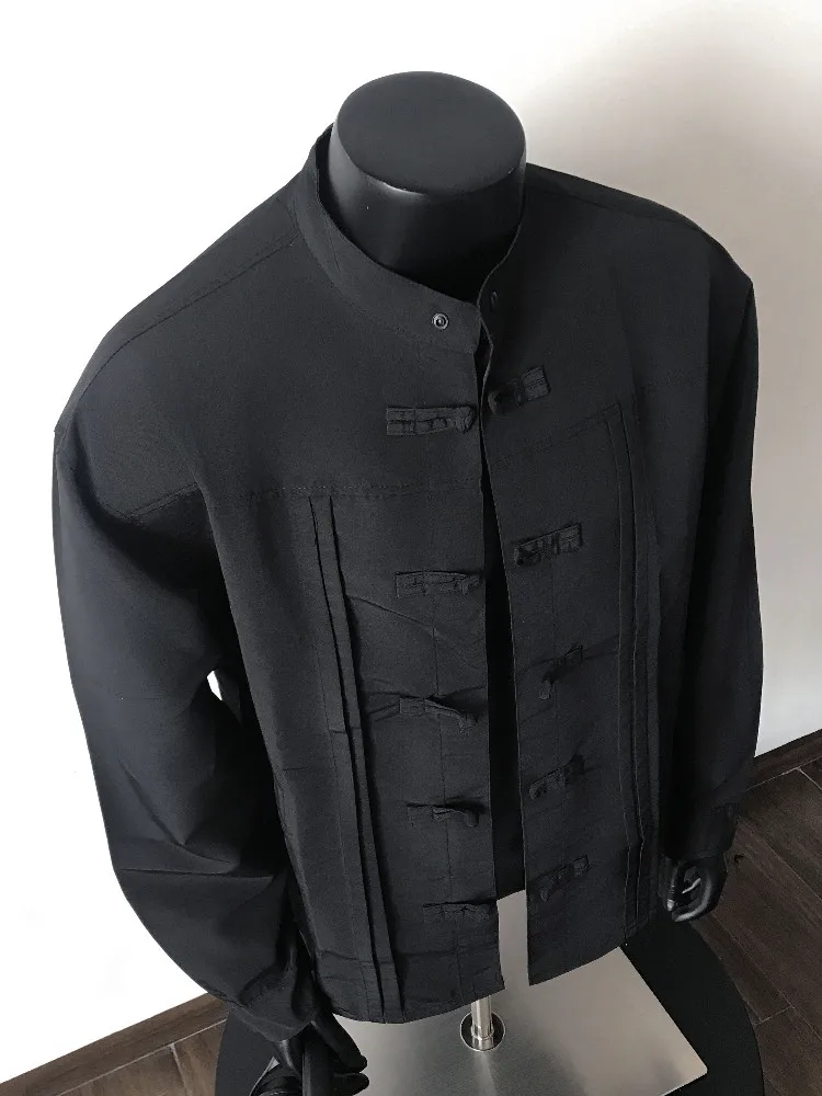 New Chinese Style Men's Long Sleeve Shirt Stand Collar Button up Luxury Lightweight Black Shirt Outerwear Casual Autumn Wear