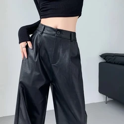 2024 New Spring Korean Pu Leather Pants Women High Waist Pants Female Black Stretchy Pants Faux Leather Pant Trousers
