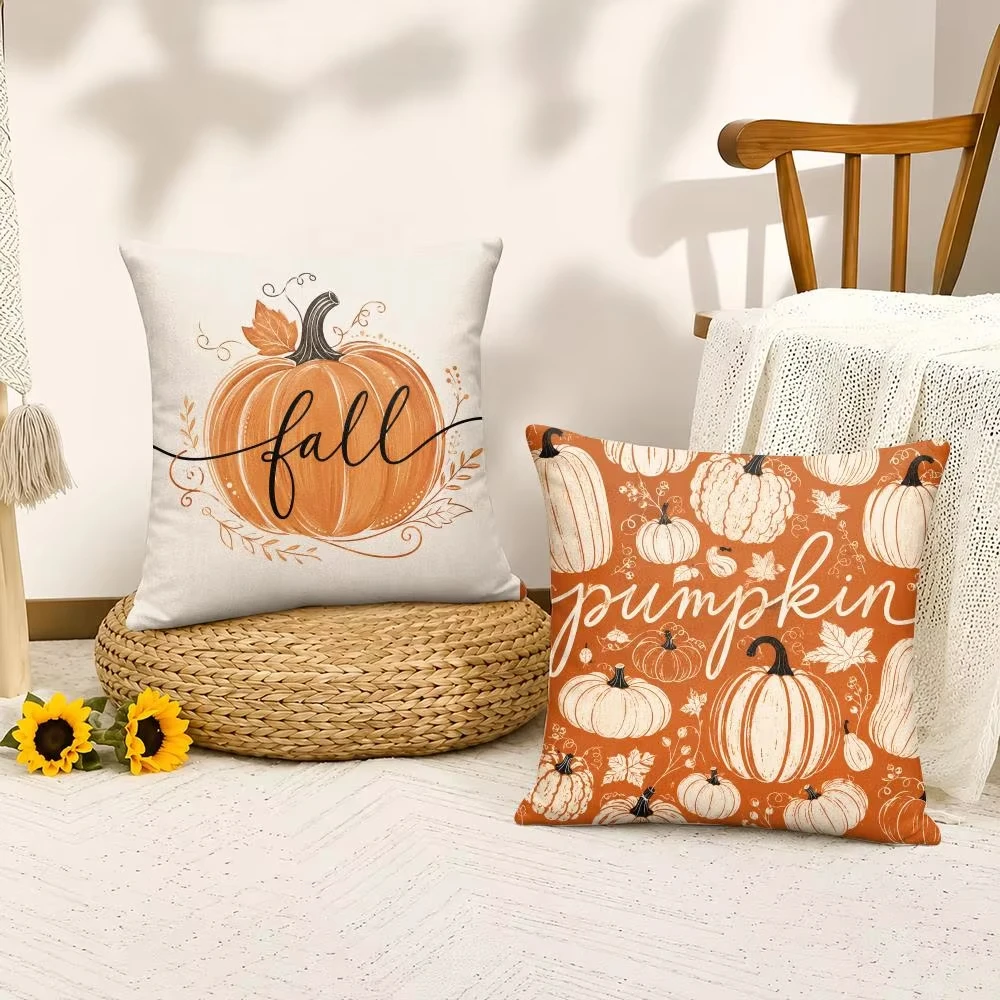1pc Hello Pumpkin Autumn Cushion Cover Double-Sided Plush Sofa Cushion Covers Organic Breathable Invisible Zipper