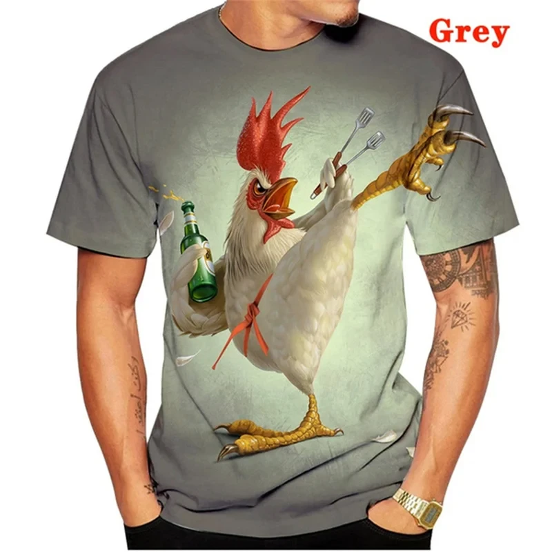3D Printed Flower Rooster Print Summer Fashion Men's T-Shirt Casual, Breathable and Comfortable Crewneck Oversized Short-sleeved image 2