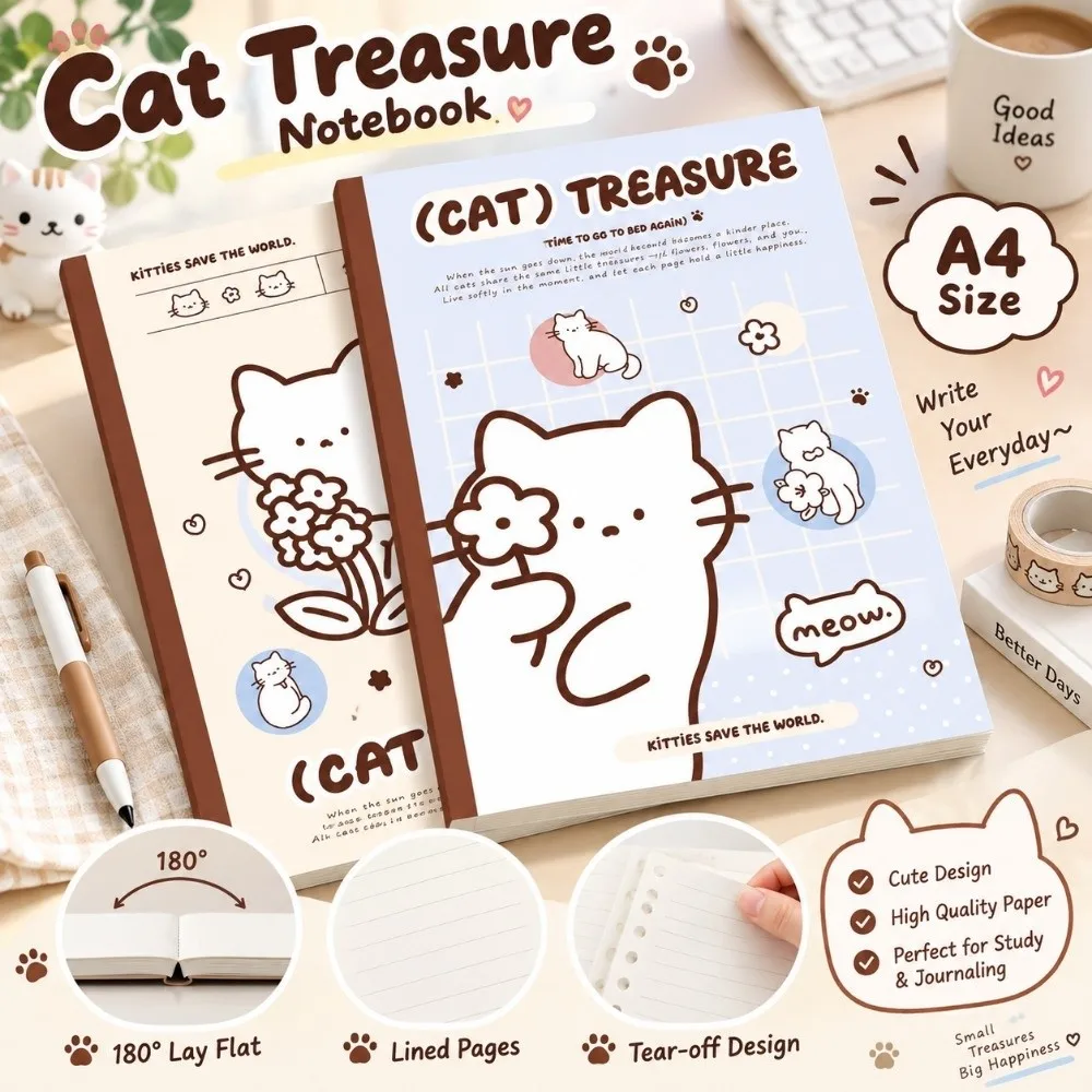 Perforated Tear Off Page Cat Notebook 55gsm Paper 200 Page Lined Study Notebook Lined Page 180 Degree Flat Lay Practice Book