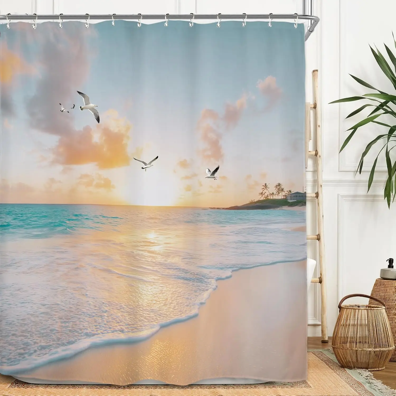 Waterproof Beach Shower Curtain Polyester Coastal Ocean Sunset Bathroom Decor Seascape Tropical Home Accent Curtain