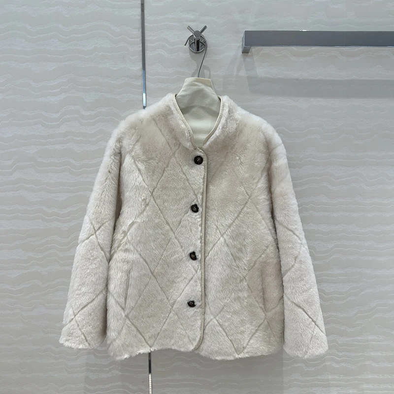 Manteau Nico vintage en peau de mouton pour femme, veste à carreaux diamantés, haut à la mode, marque de luxe moyenne, vêtements d'hiver, Y2K, 2024