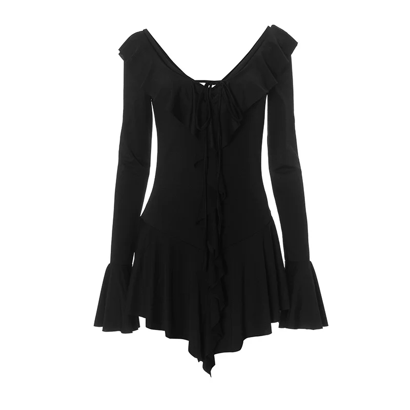 ABRT – Vestido feminino de manga comprida com decote em V, ombro de fora, babado, em camadas, bodycon, mini vestidos