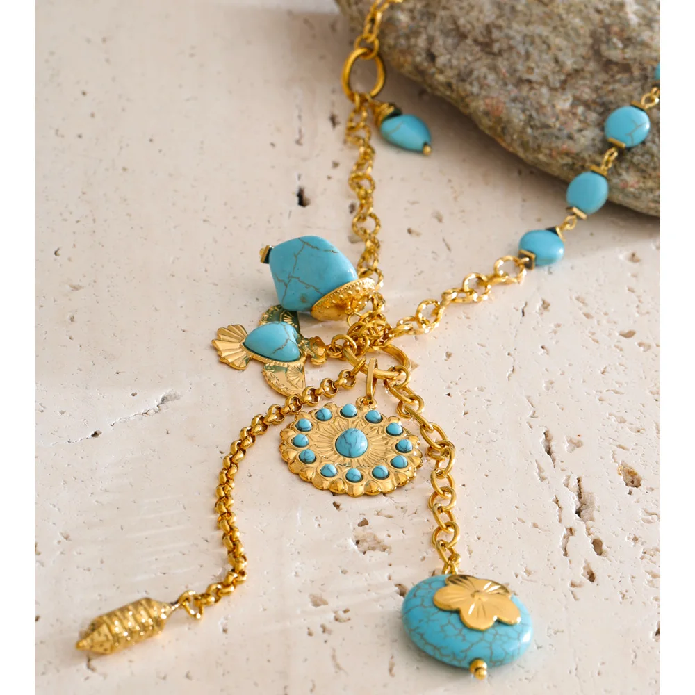 Yhpup 77+5cm Stainless Steel Natural Turquoise Stone Flower Long Chain Drop Necklace That Goes Down The Chest Popular Jewelry