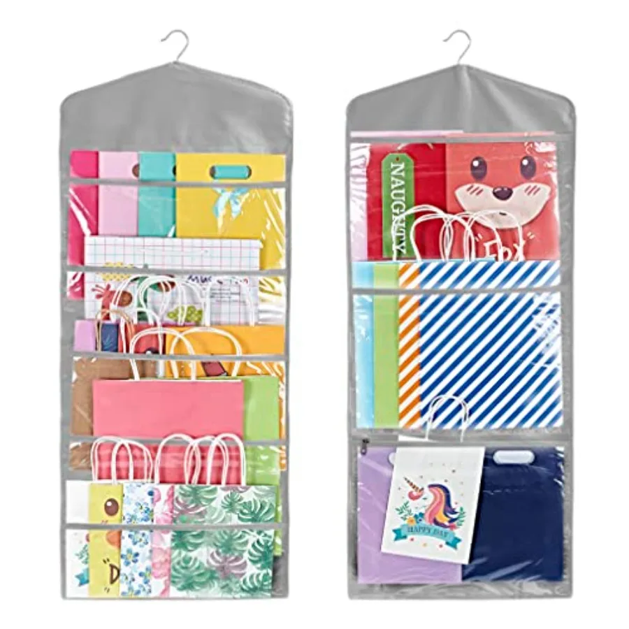 

Hanging Double Sided Gift Bag Storage Organizer with Multiple Front and Back Pockets - Organize Your Gift Wrap Tissue Paper and