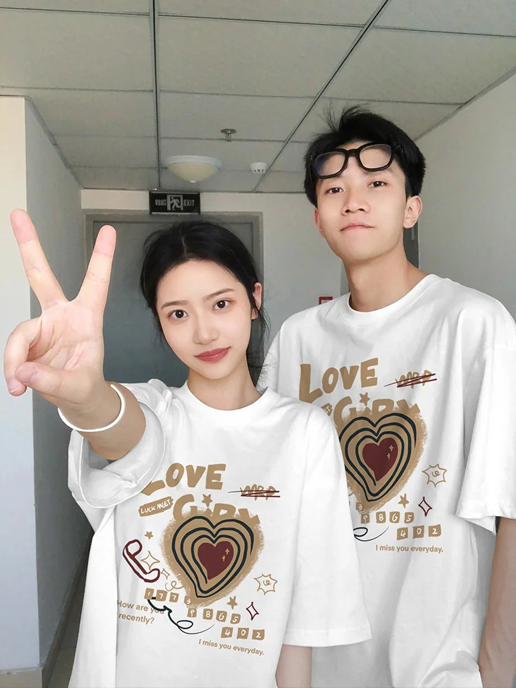 Love Phone Pattern Couple clothes 2025 New Fashion Loose Short Sleeve Summer Round Neck Super Large Size T-shirt