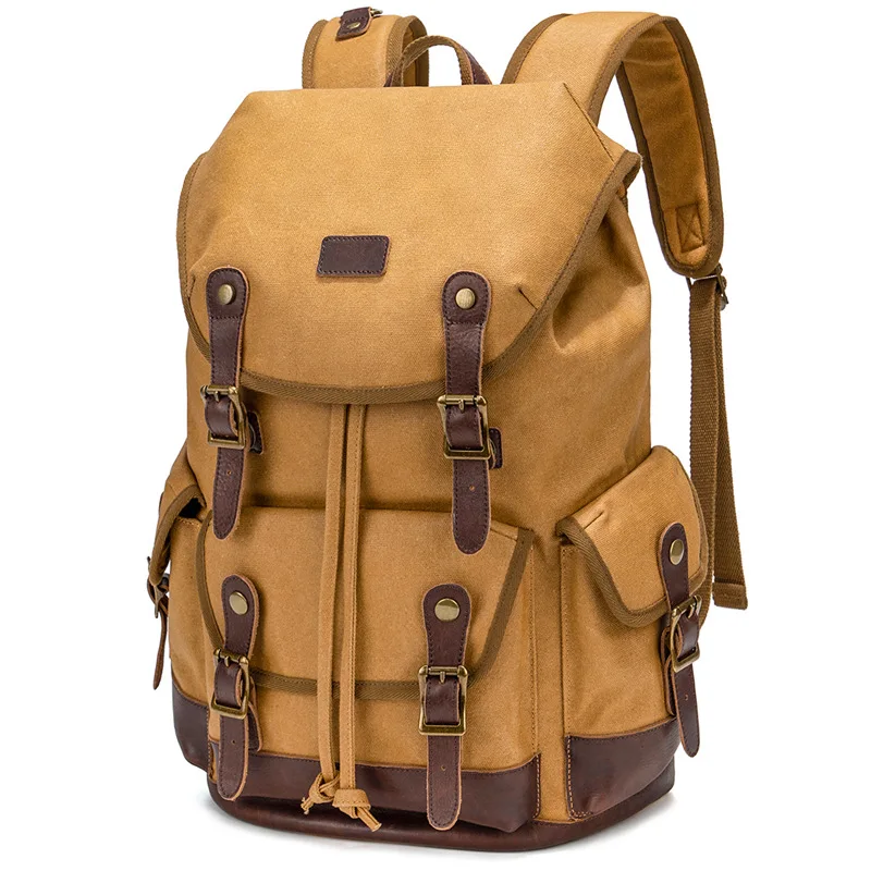 Casual Canvas Backpack Men\'s Backpack Vintage Top Layer Cowhide Outdoor Travel Waterproof Backpack